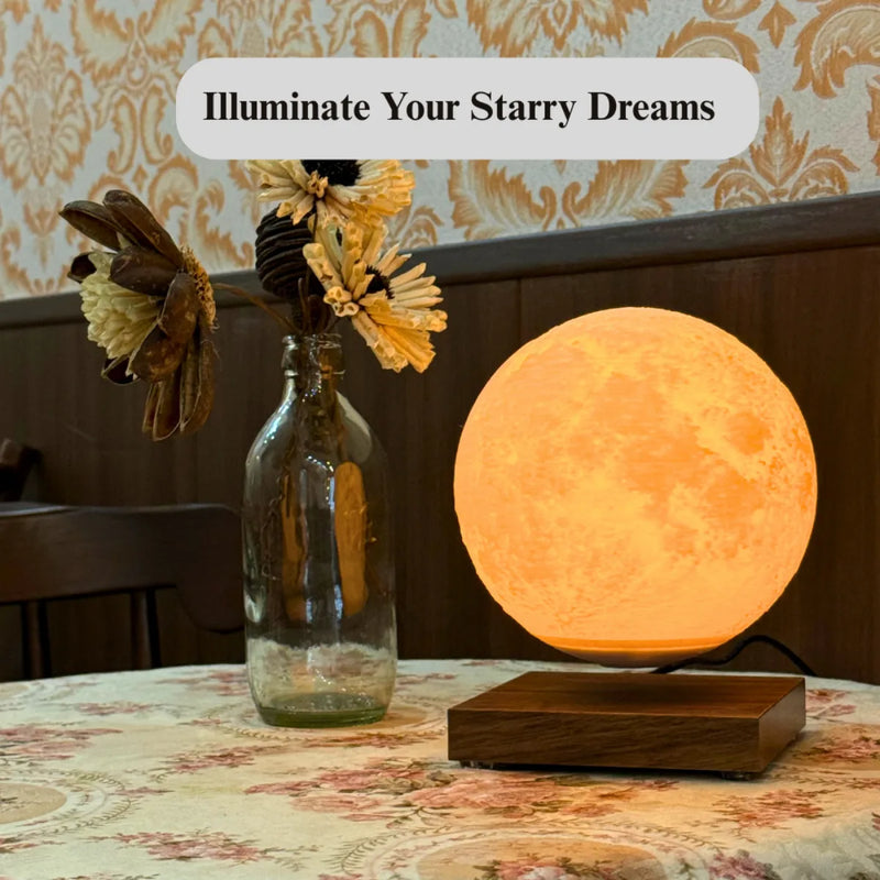 Lunara Moon Lamp warm orange glow on table with vase